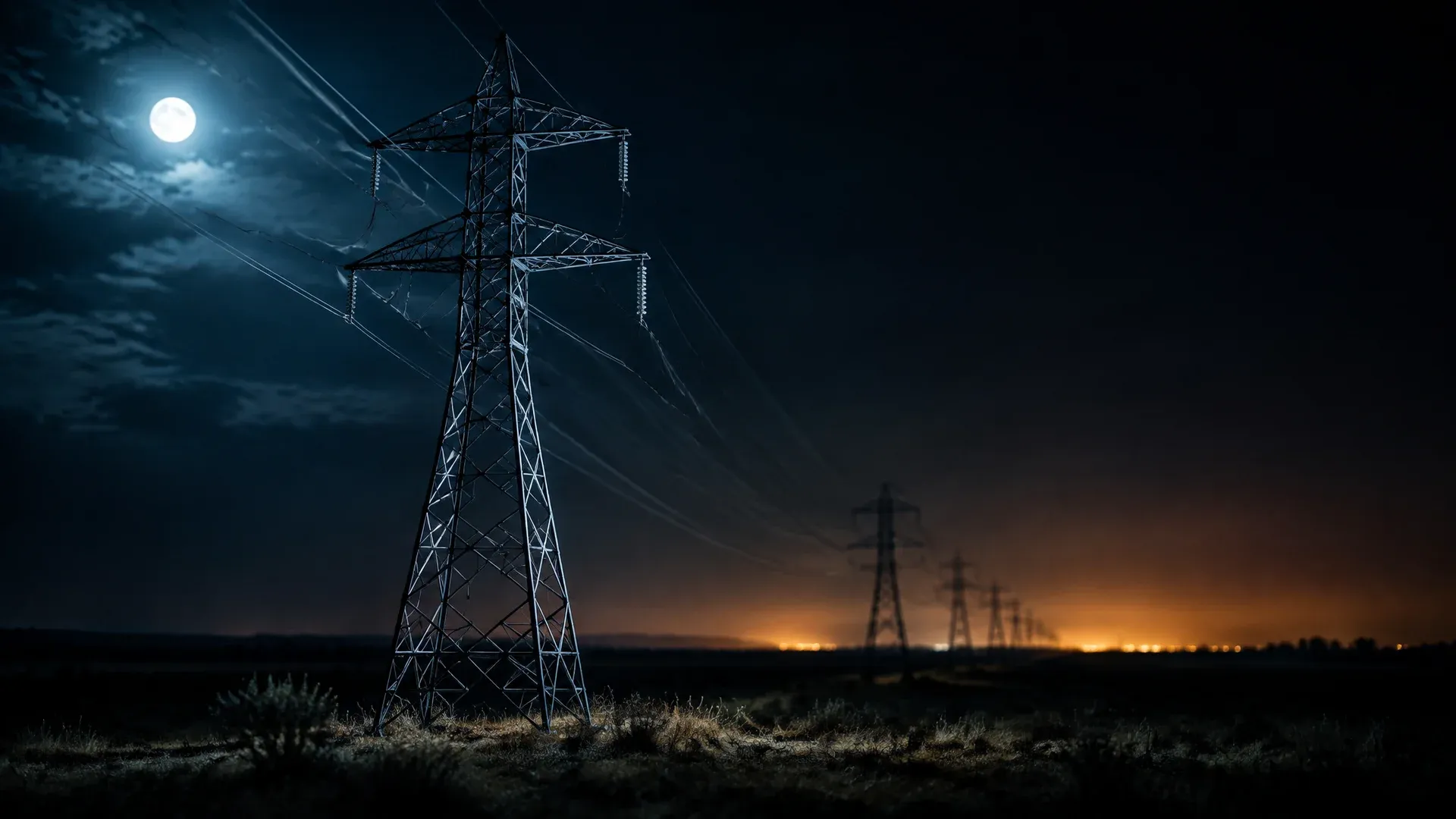 Reihe von Hochspannungsmasten bei Nacht über offenem Land, ein Mast im Vordergrund scharf
