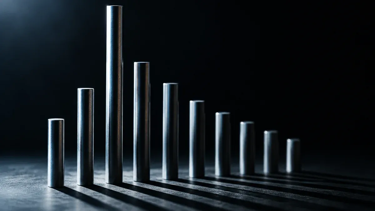 Metallstäbe unterschiedlicher Höhe werfen lange Schatten