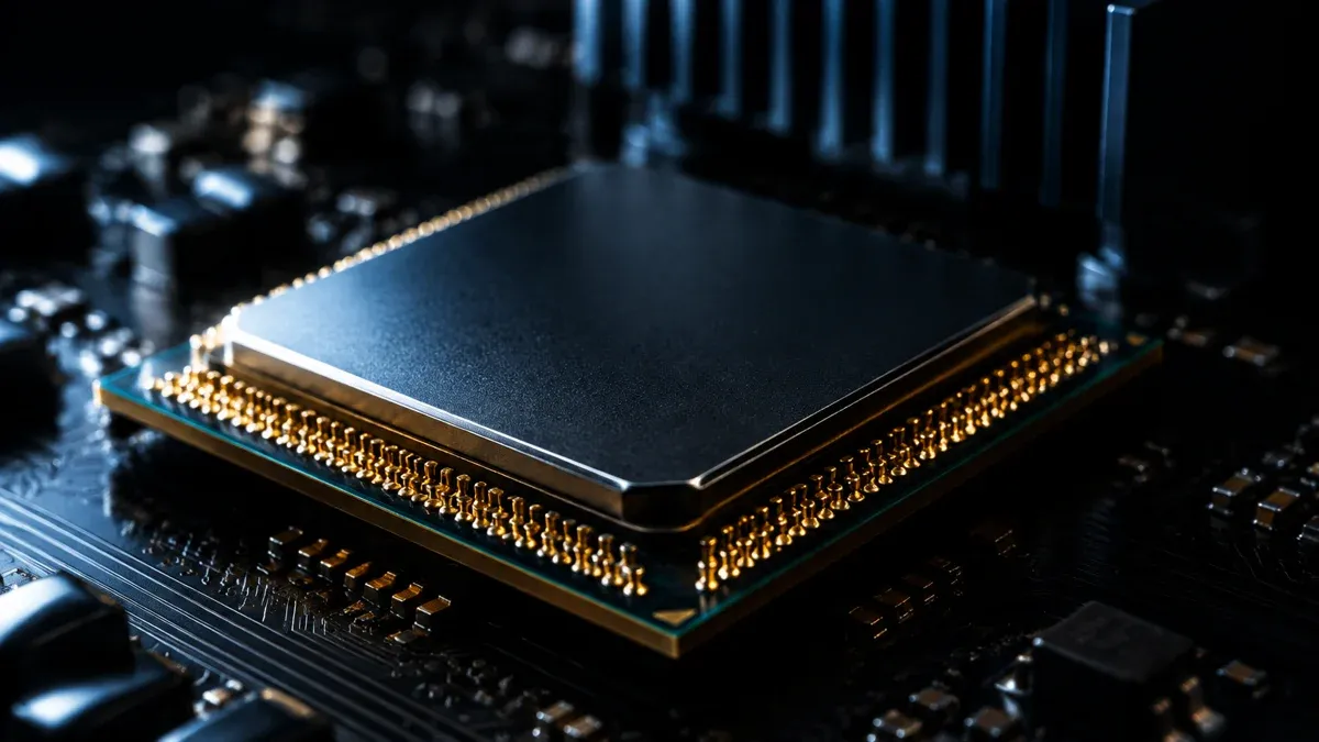 Chip: macro shot of a processor with rows of gold contacts on a dark circuit board