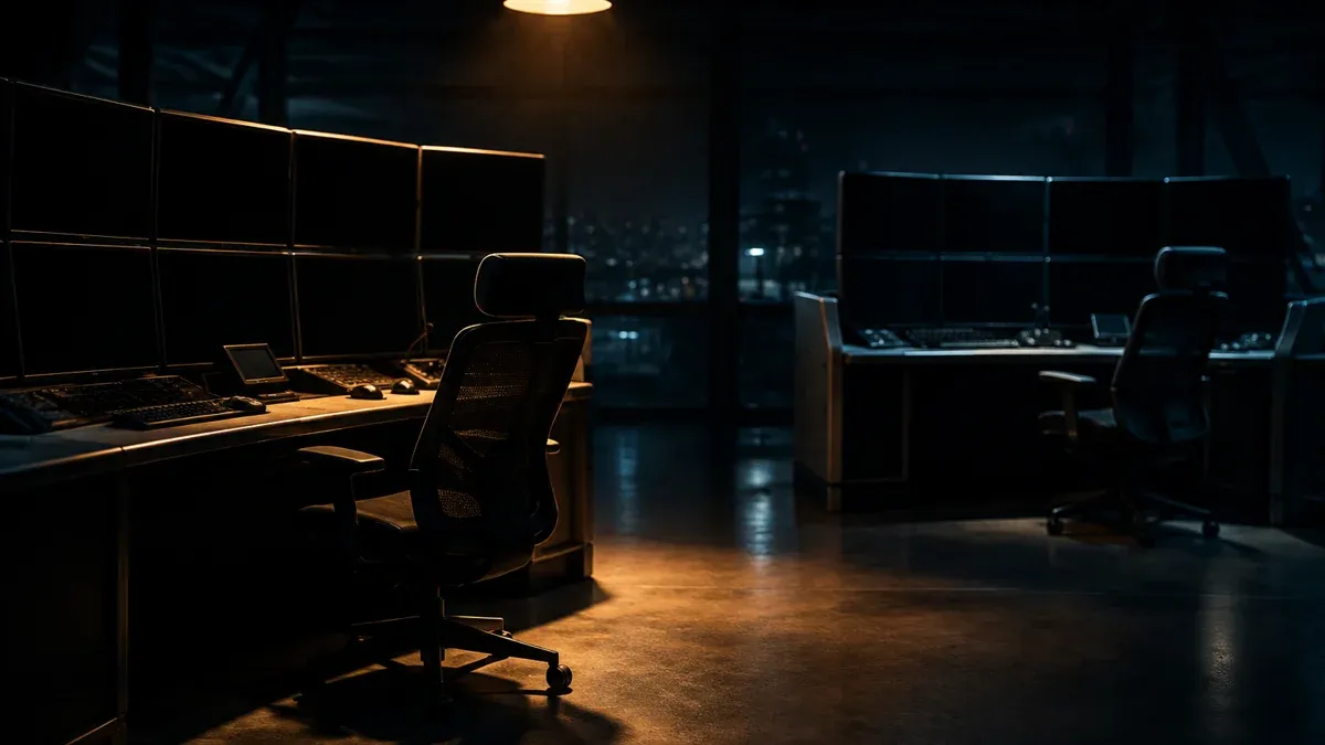 Control room: two separate control desks in a night-time control room with dark screens