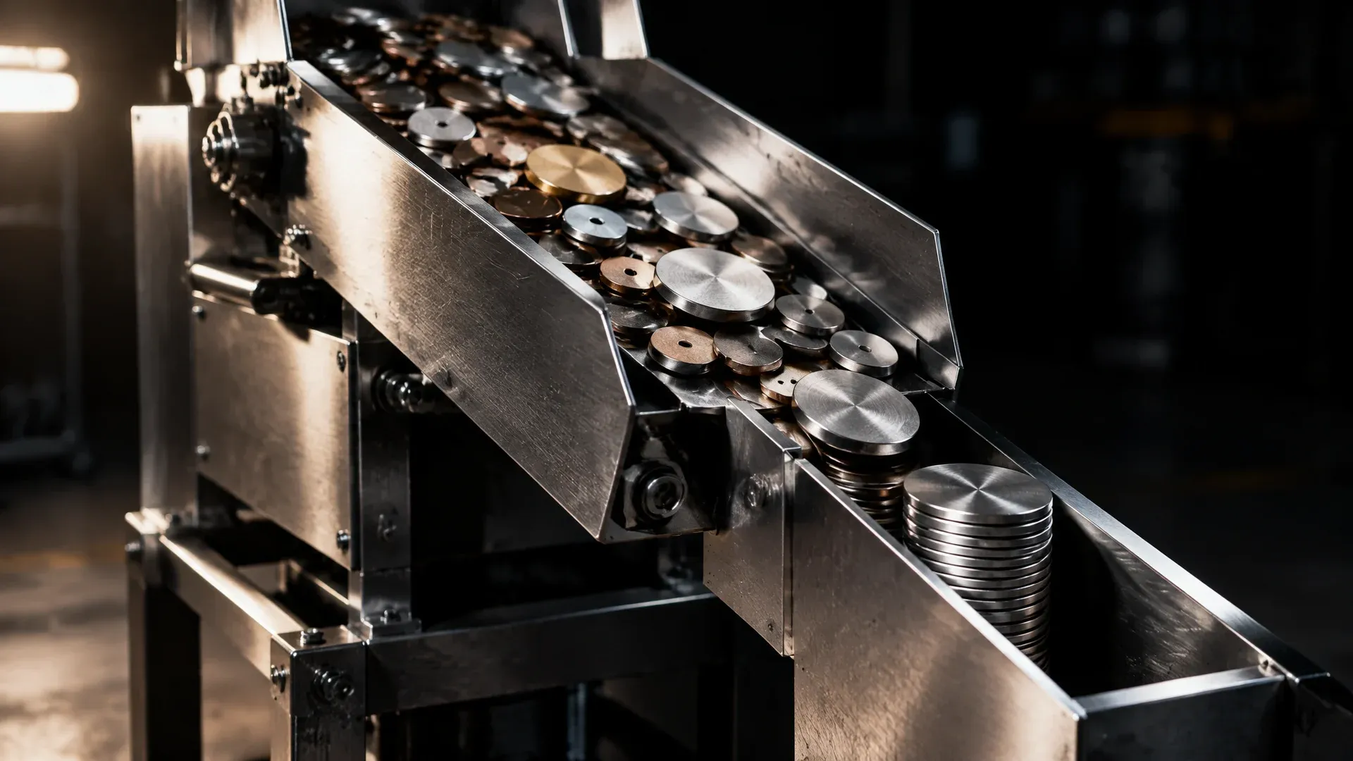 Eine industrielle Sortiermaschine schiebt gemischte Metallscheiben über eine Rampe in eine einzige Auffangrinne