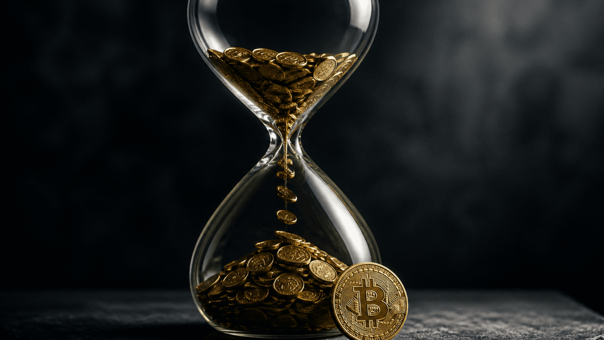Eine gläserne Sanduhr, durch deren Enge kleine Goldmünzen statt Sand rieseln, davor lehnt eine große Münze mit Bitcoin-Zeichen
