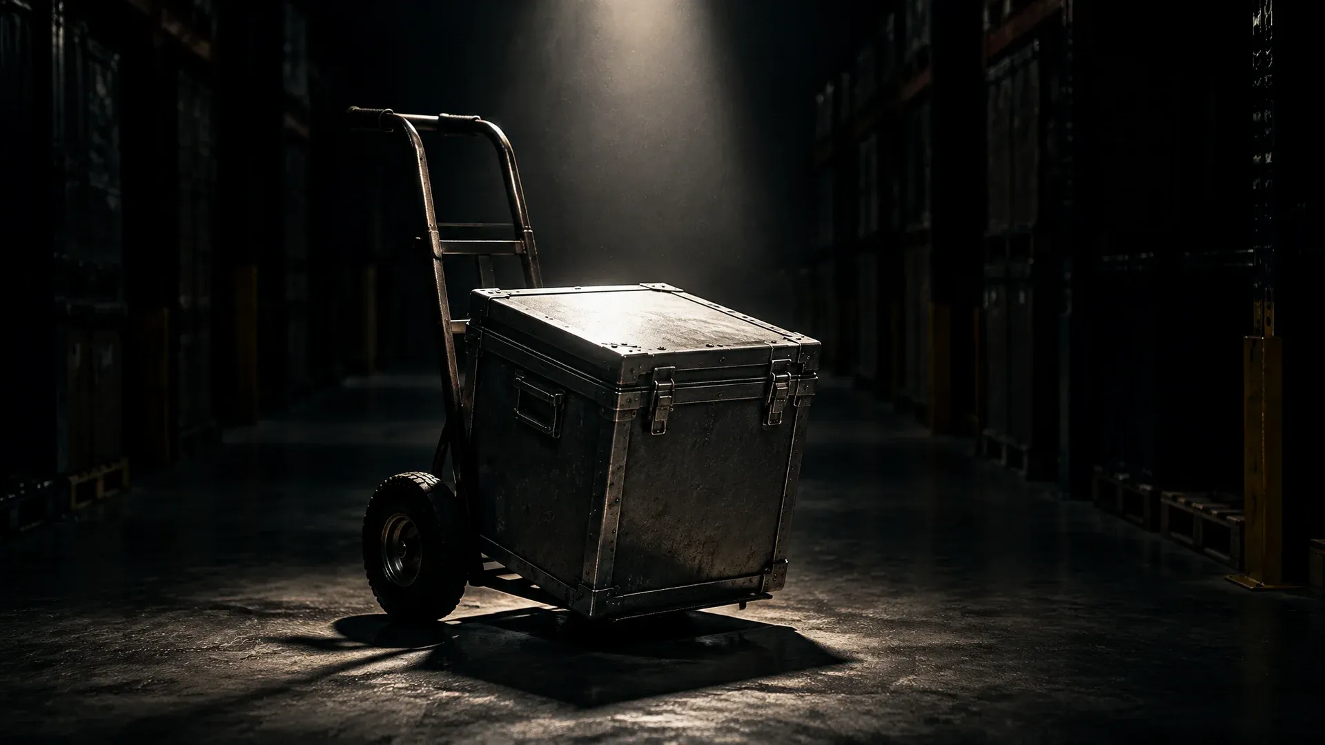 A heavy hand truck carrying a single locked metal crate in an empty dark warehouse aisle, a cone of light falling on the crate lid