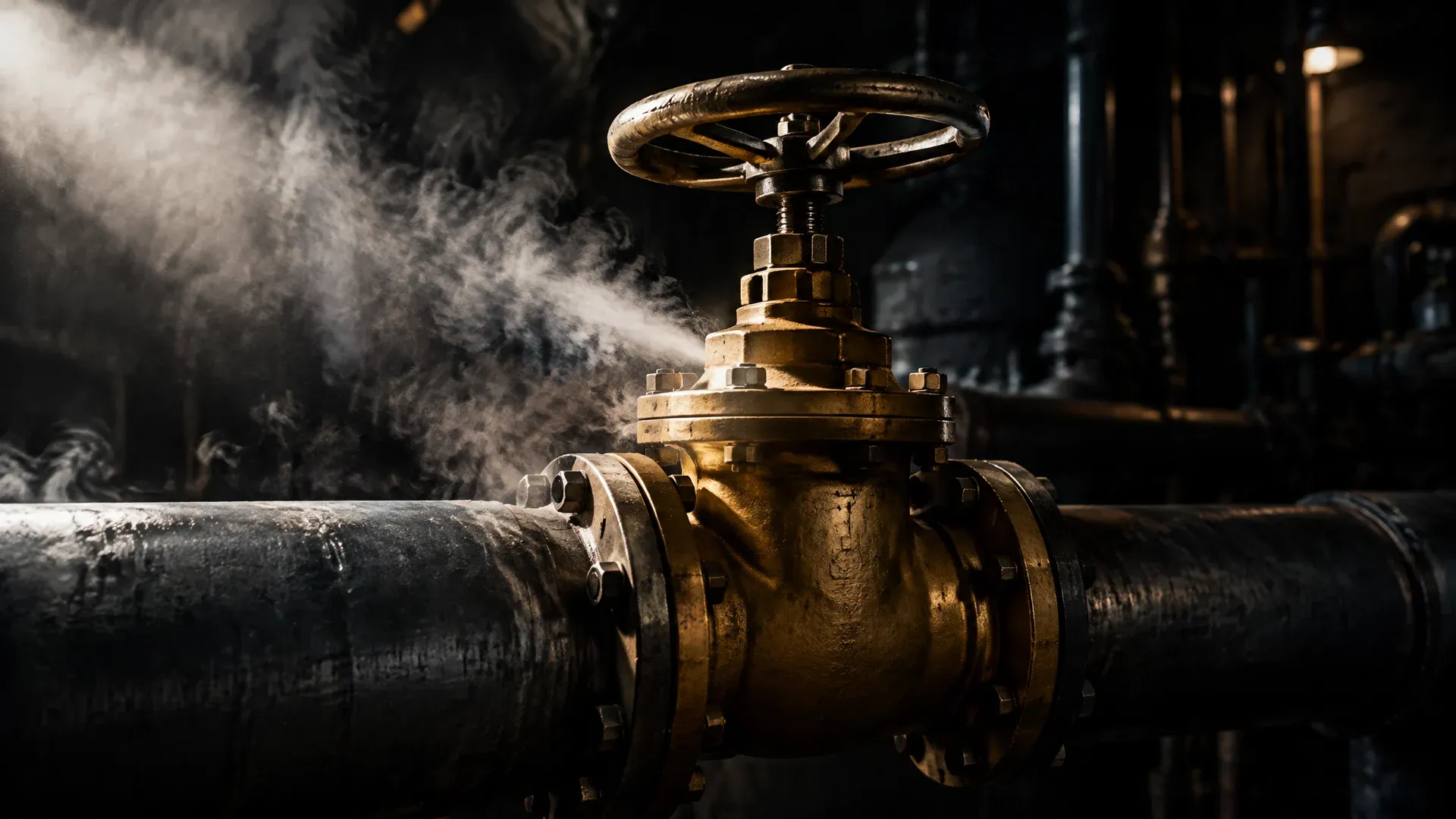 A heavy brass shut-off valve on a thick steel pipe in a dark machine room, the handwheel half closed