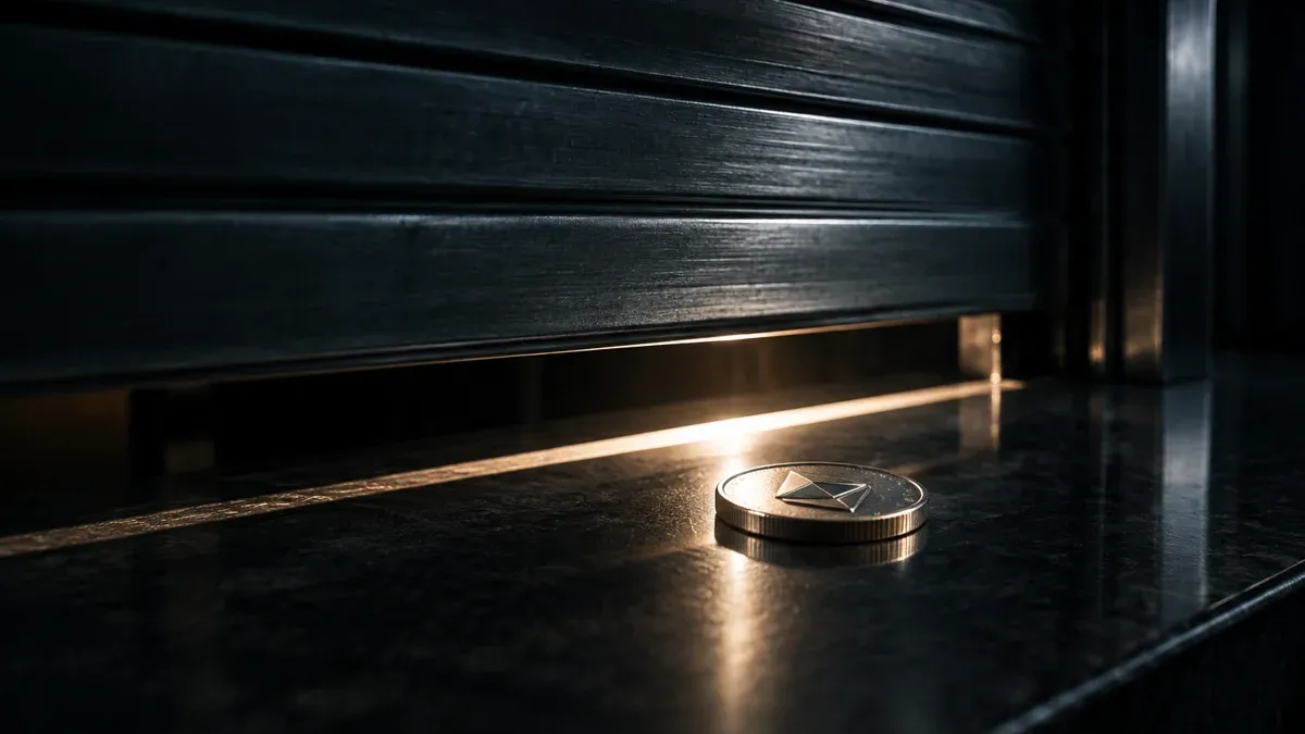 Metallener Rollladen eines Bankschalters fährt fast ganz herunter, auf der Theke darunter liegt eine Metallmünze im Lichtstreifen