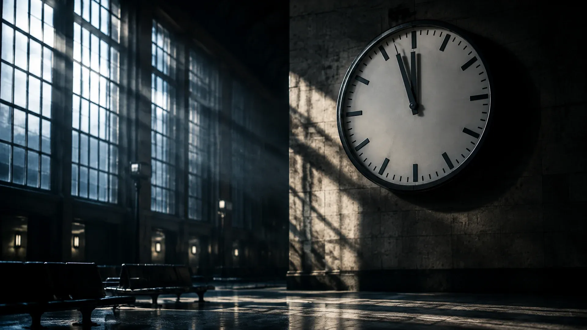 Große Bahnhofsuhr ohne Ziffern an der Wand einer leeren Halle, die Zeiger kurz vor dem oberen Punkt
