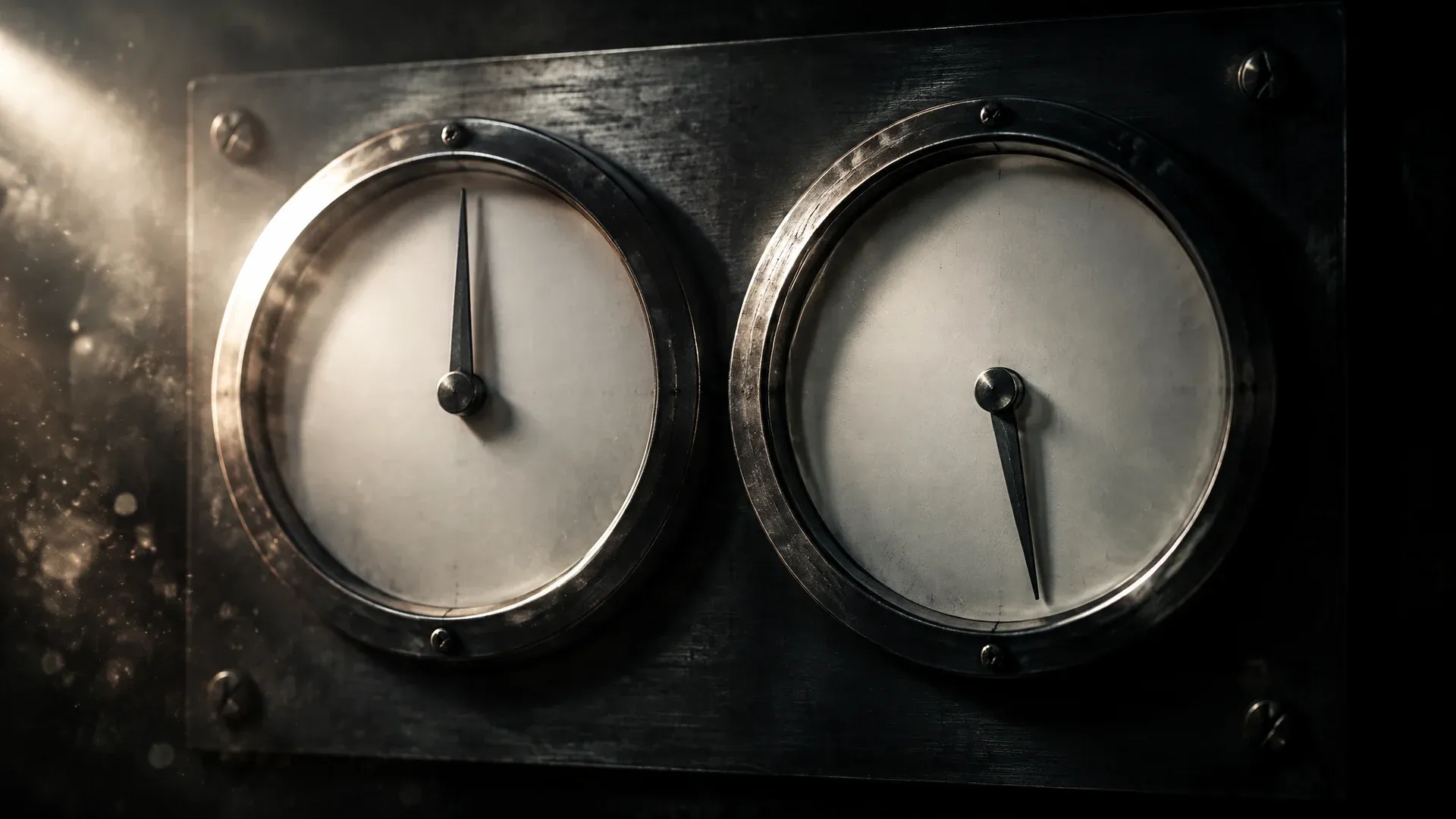 Zwei gleiche analoge Zeigerinstrumente an einer dunklen Stahltafel, deren Zeiger in völlig verschiedene Richtungen weisen