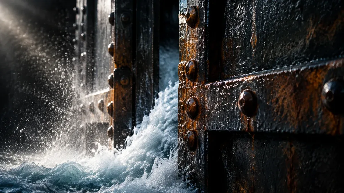 Massives Stahl-Schleusentor öffnet sich einen Spalt, schäumendes Wasser drängt hindurch