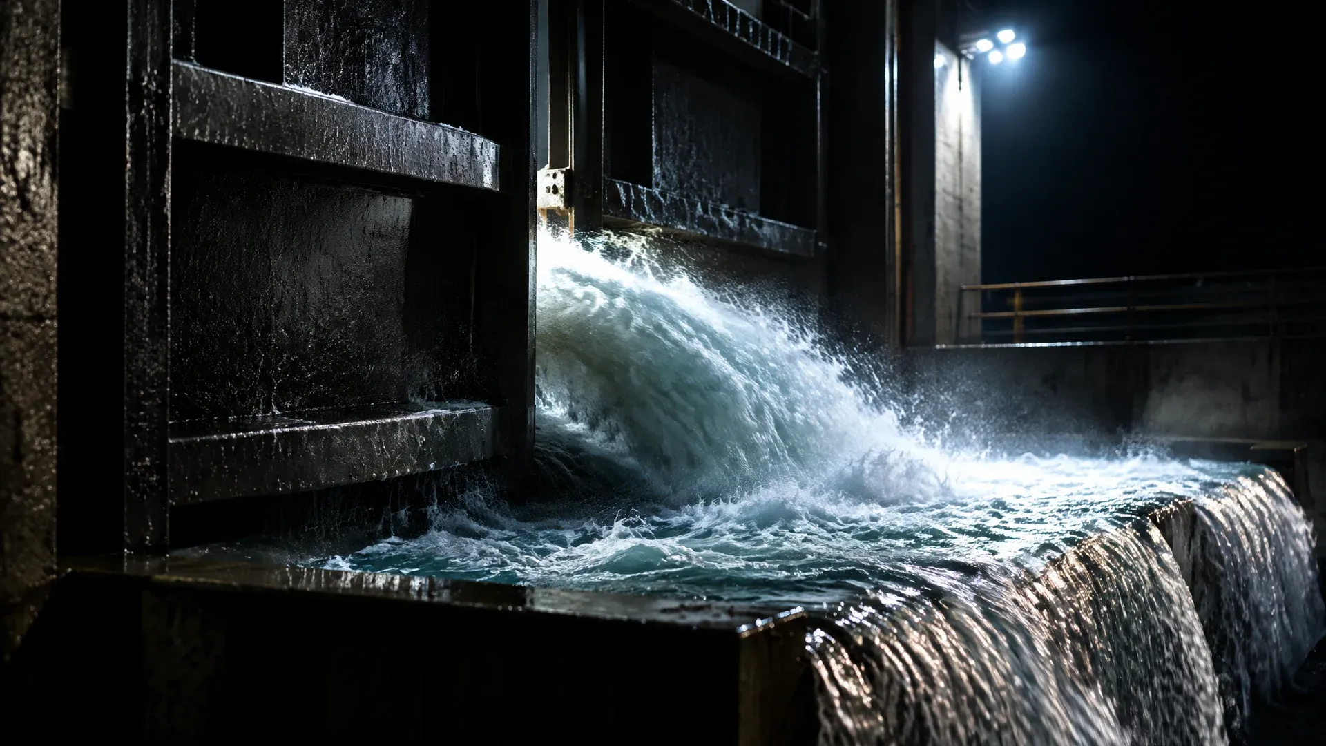 Ein Schleusentor steht einen Spalt offen, eine Wasserwalze drängt in ein viel kleineres Auffangbecken, das überläuft