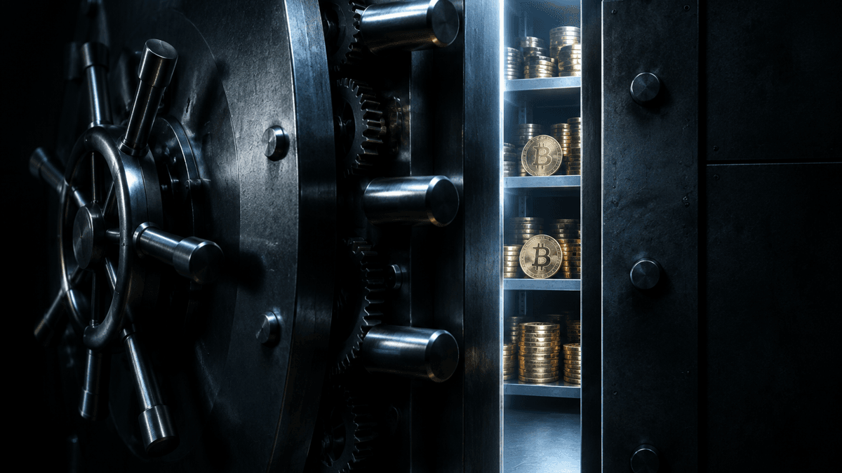 Einen Spalt weit geöffnete schwere Stahl-Tresortür in einem dunklen Sicherheitsraum, dahinter gestapelte Metallmünzen mit Bitcoin-Zeichen auf einem Stahlregal
