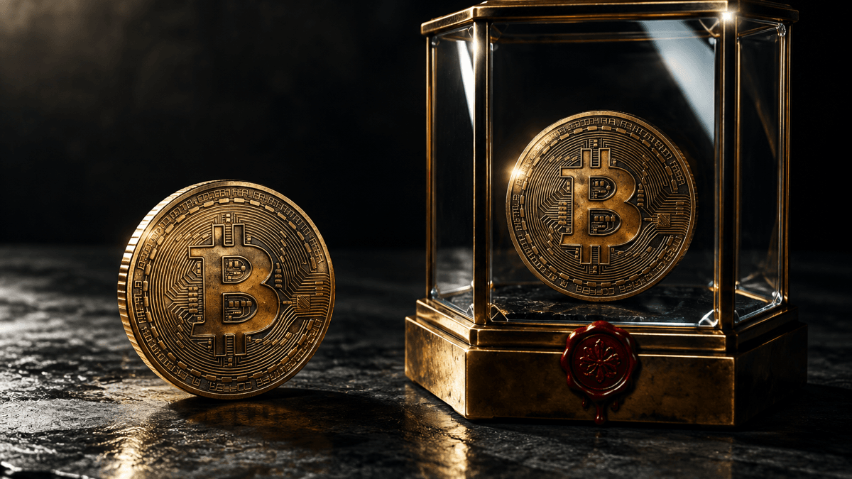 Zwei identische Metallmünzen mit Bitcoin-Zeichen auf dunklem Steintisch, die linke frei liegend, die rechte versiegelt unter einer Glasvitrine mit Messingrahmen
