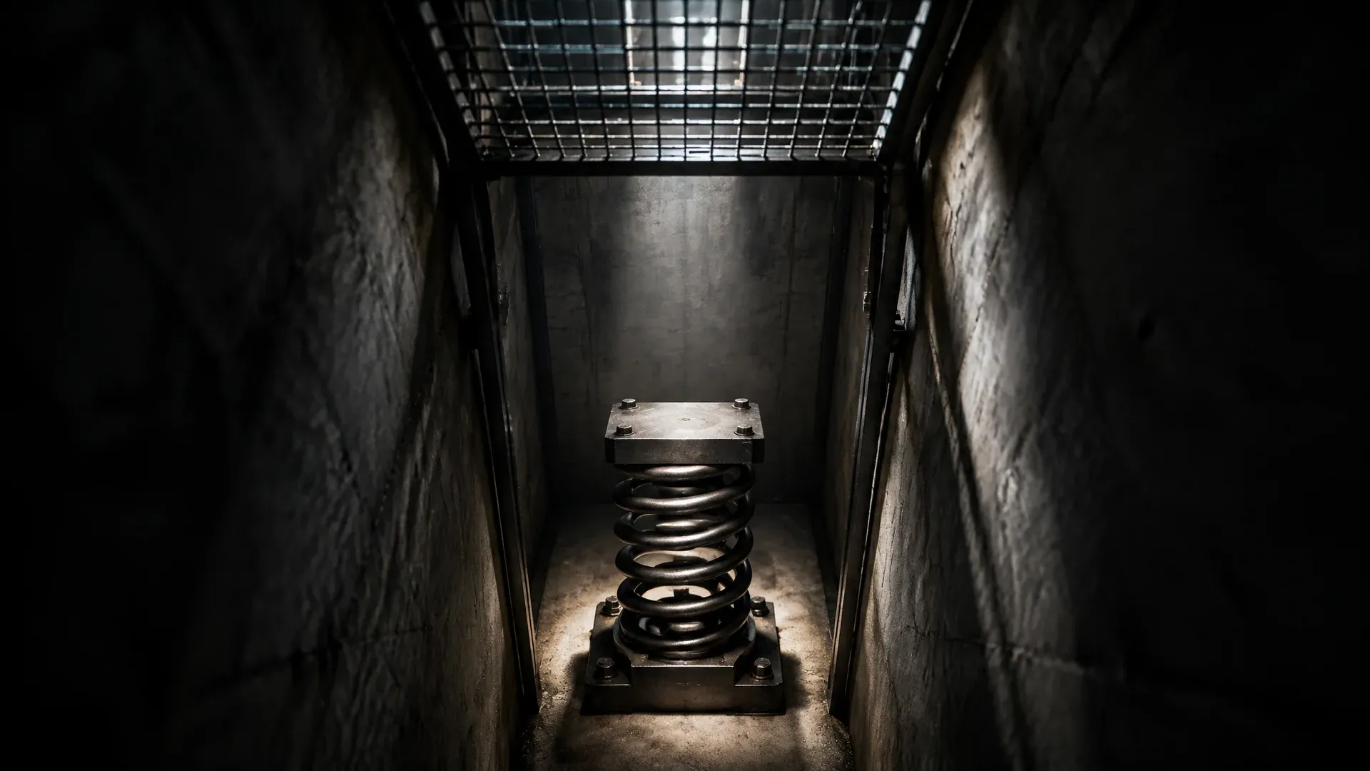 Tiefer Betonschacht im Anschnitt, unten eine massive Stahl-Pufferfeder im Lichtkegel, oben ein niedriges Stahlgitter als Decke