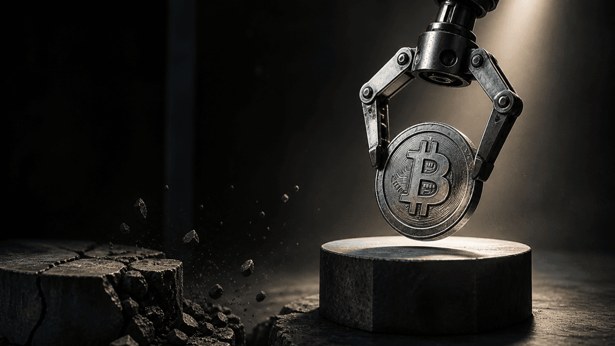 Industrie-Greifarm hebt eine Metallmuenze mit Bitcoin-Zeichen von einem gerissenen dunklen Steinsockel auf einen frisch polierten Sockel im Lichtkegel
