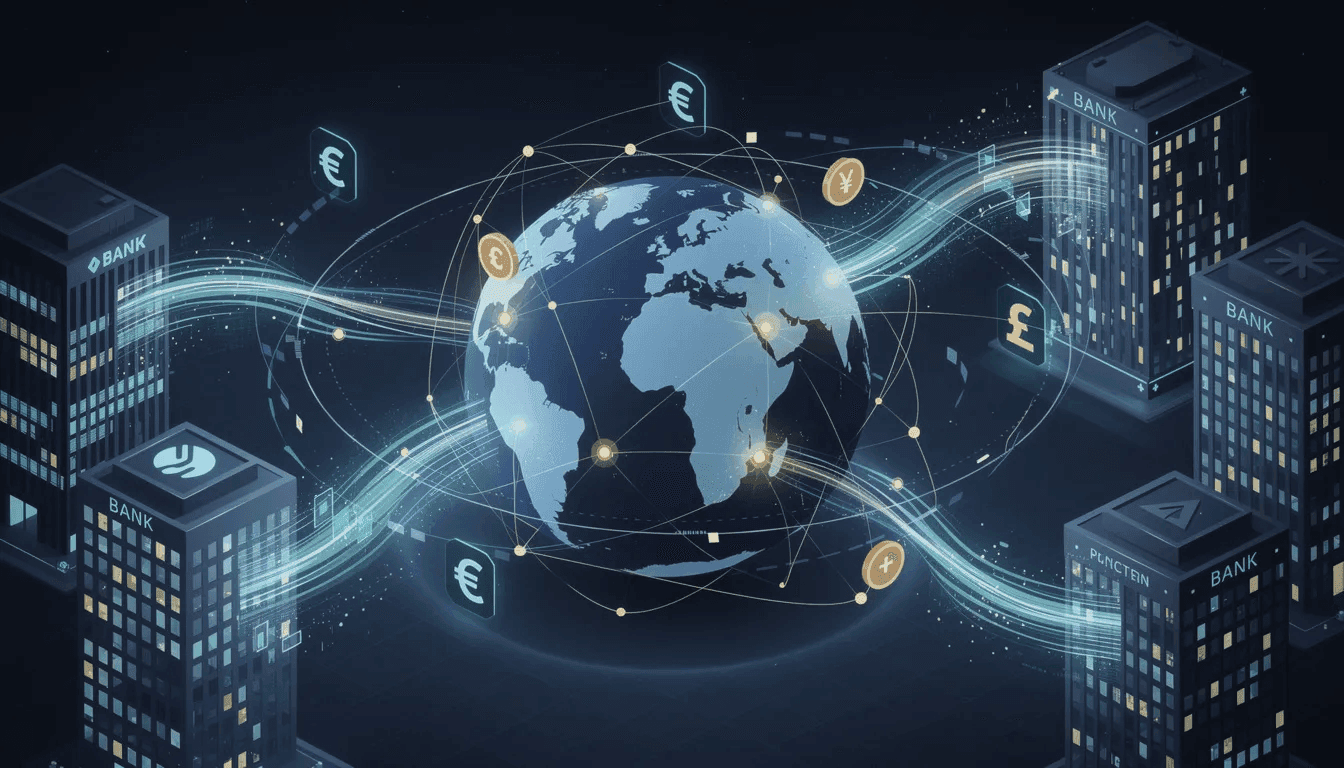 Das Bild zeigt ein globales Netzwerk von Bankverbindungen und internationalen Überweisungen, das die Rolle von Kryptowährungen wie XRP im Zahlungsverkehr verdeutlicht.