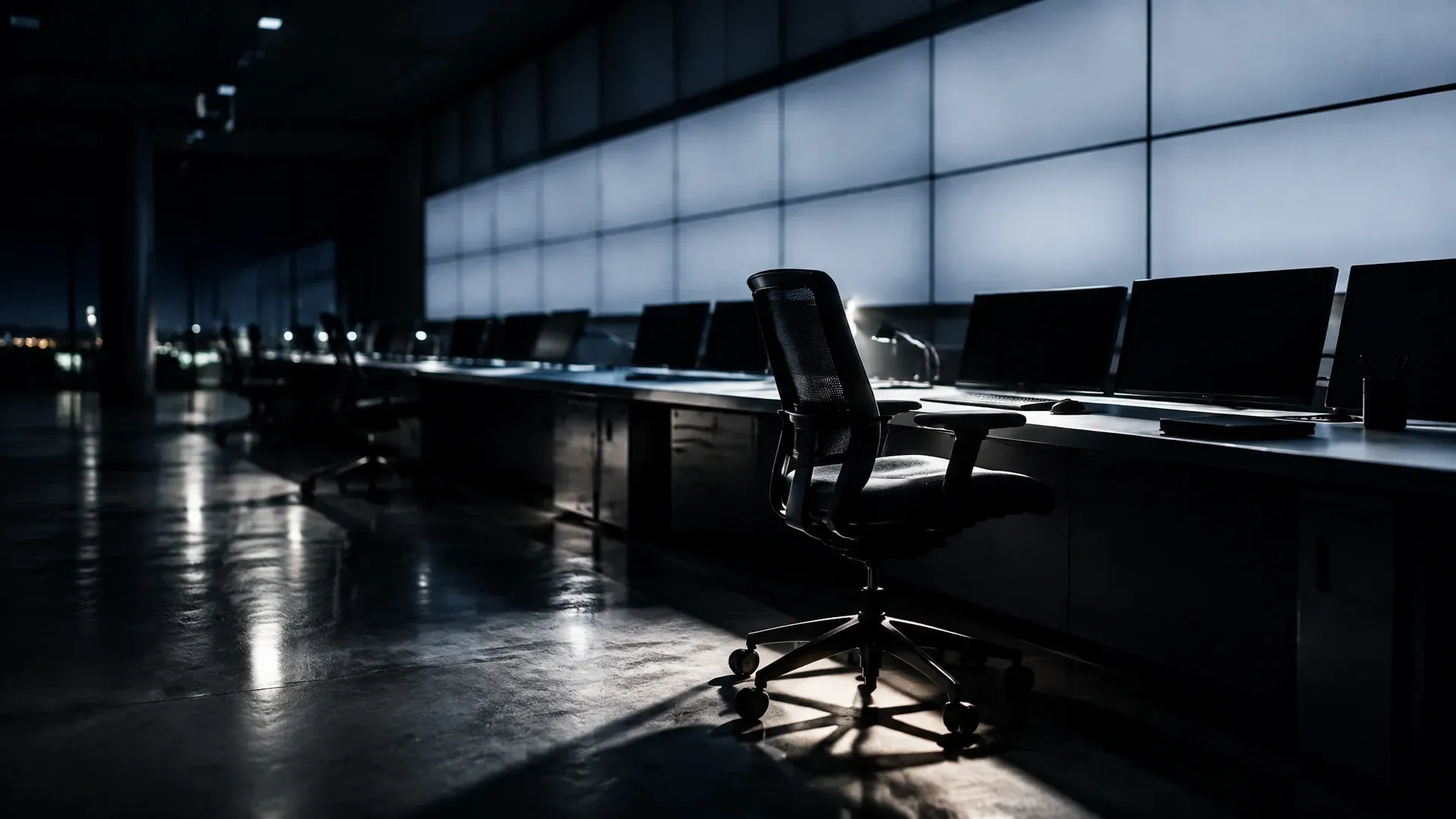 Night-time control room with a long console desk and one unoccupied workstation
