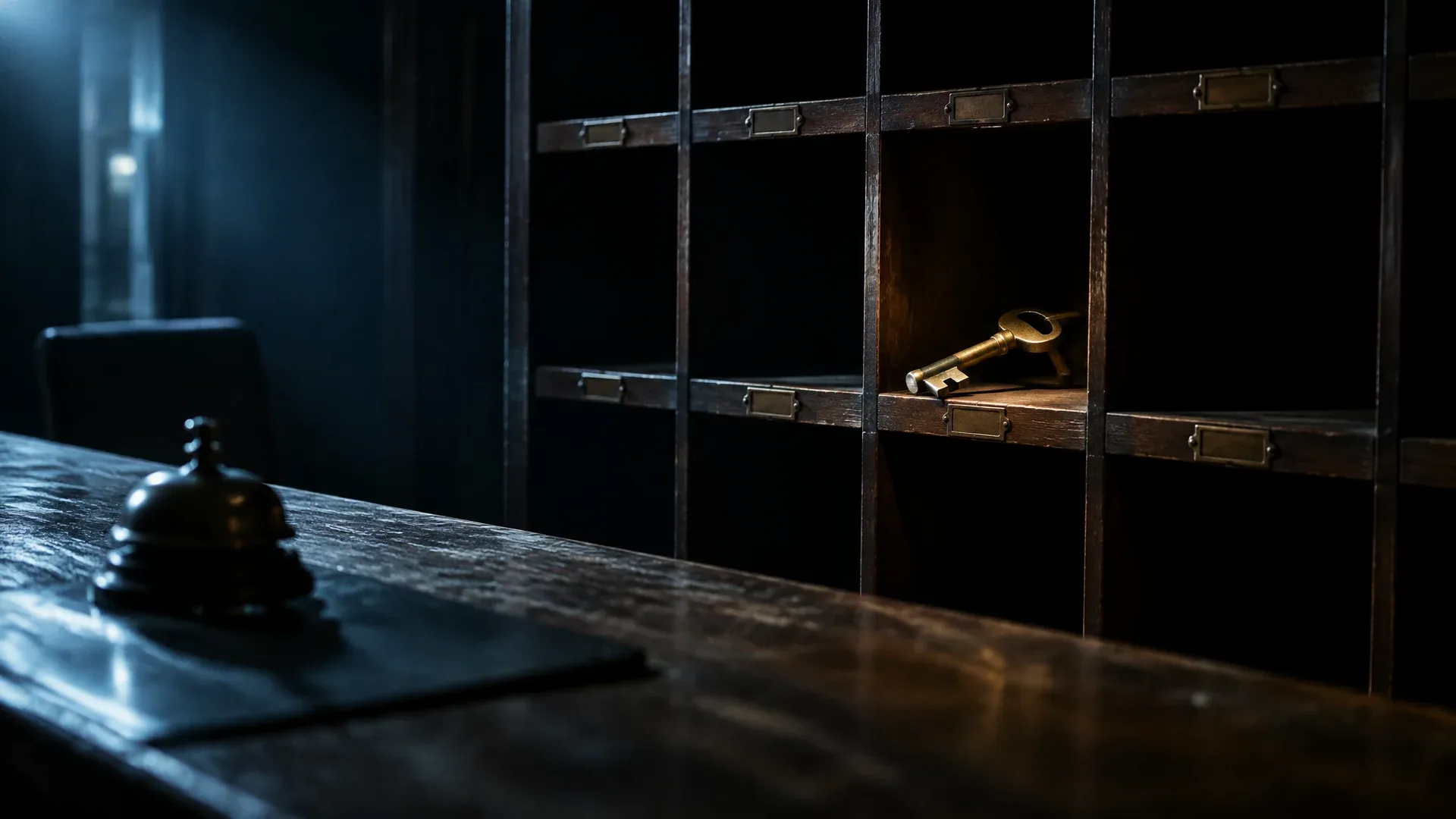 A single brass key in an open pigeonhole cabinet behind a deserted reception desk