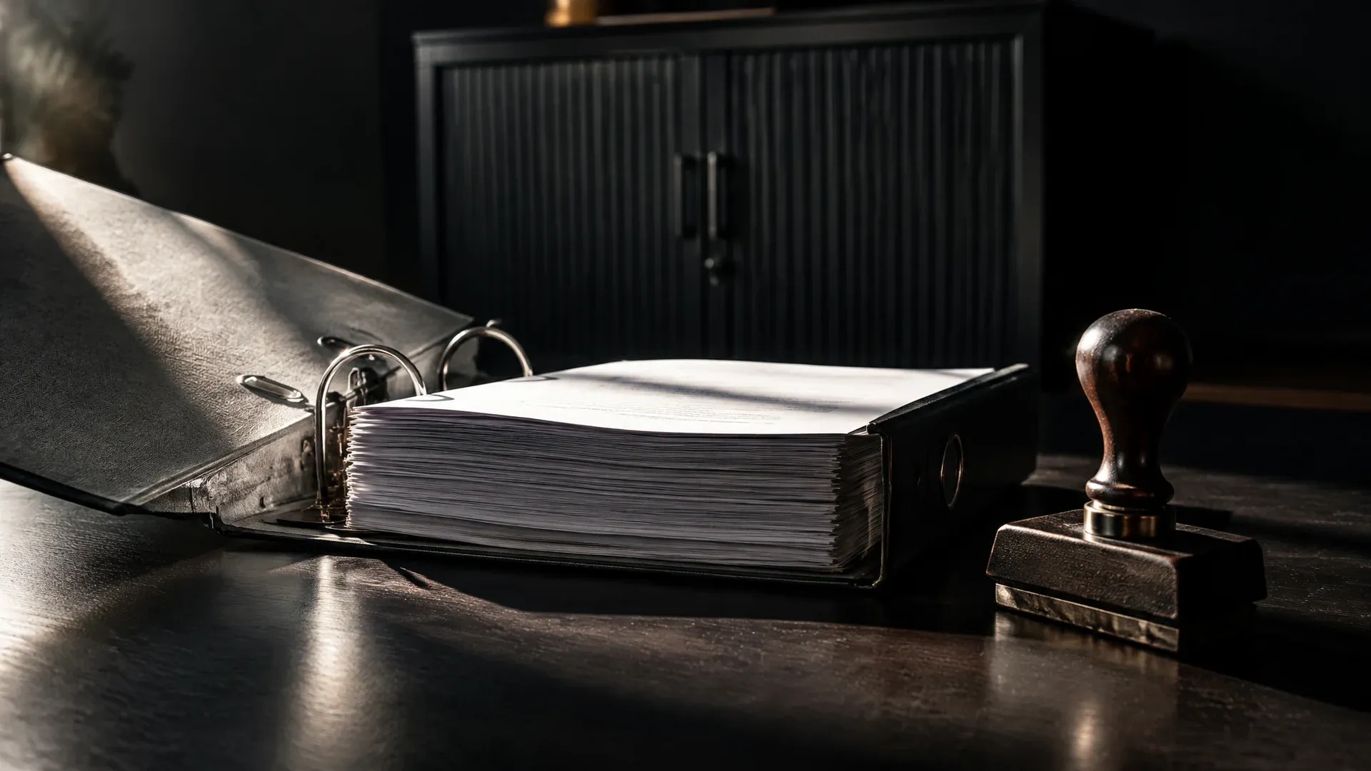 Aufgeschlagener Aktenordner mit Vertragsseiten und schwerem Stempel auf einem dunklen Schreibtisch