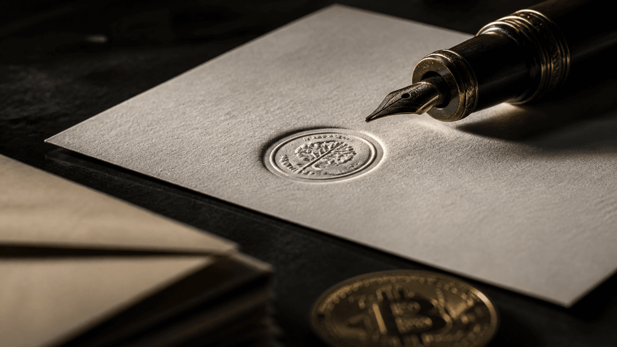 Papierbogen mit tief eingeprägtem Rundstempel und schwerem Füllfederhalter, davor unscharf ein Stapel Briefumschläge und eine Münze mit Bitcoin-Zeichen