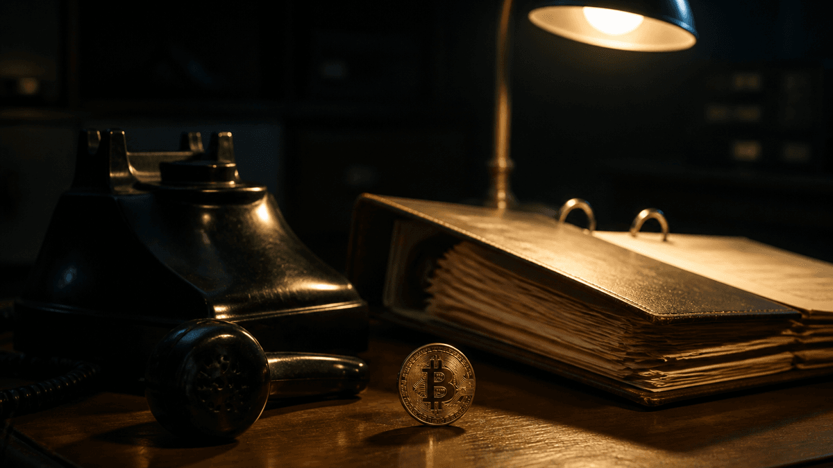Tischtelefon aus dunklem Bakelit mit abgenommenem Hörer neben einem aufgeschlagenen Aktenordner, warmes Lampenlicht, vorn eine Münze mit Bitcoin-Zeichen