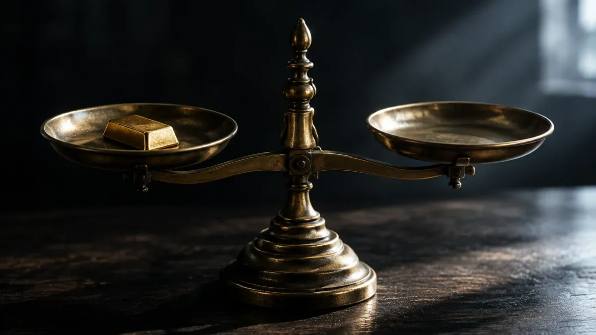 Brass scales with a gold bar in the left pan and an empty right pan