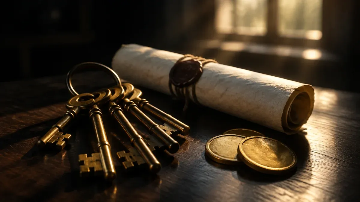 Brass key and a rolled certificate next to two gold coins