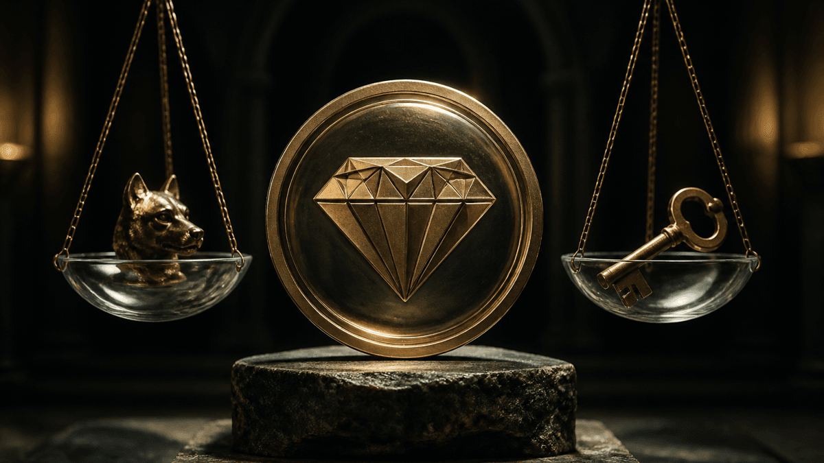 Ausgeglichene glaeserne Waage mit metallenem Wachhundkopf und schwerem Messingschluessel neben einer Muenze mit stilisiertem Diamant-Praegemotiv