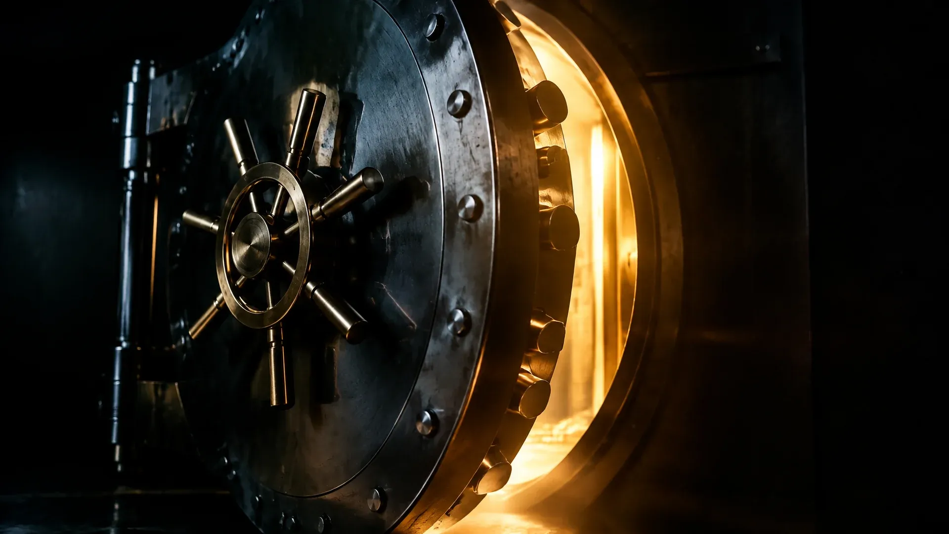 Vault door slightly open with golden light from inside