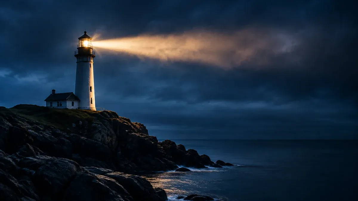 Leuchtturm an felsiger Küste in der Dämmerung, der Lichtstrahl durchschneidet tiefe Wolken