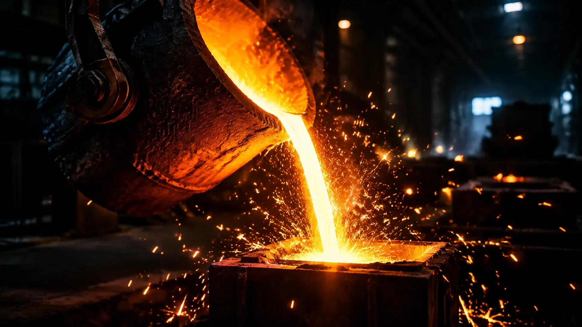 Gießerei bei Nacht, glühendes Metall stürzt aus einem Tiegel in eine Gussform