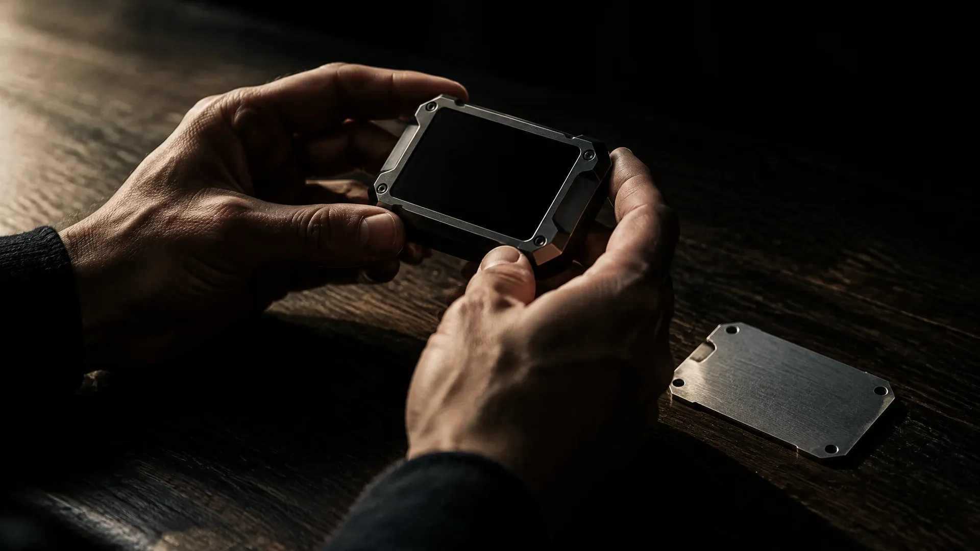 Zwei Hände halten ein markenloses Hardware-Gerät mit erloschenem Display über einem Holztisch