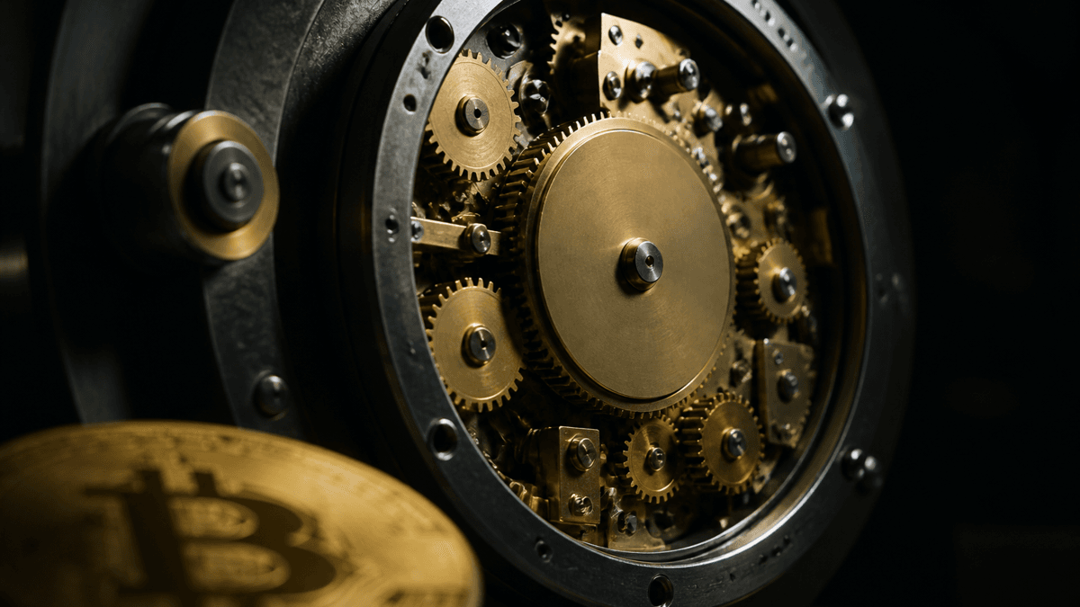 Exposed mechanical time-lock movement from a bank vault door with brass gearwheels and an empty dial plate, a coin with a Bitcoin stamp in front of it