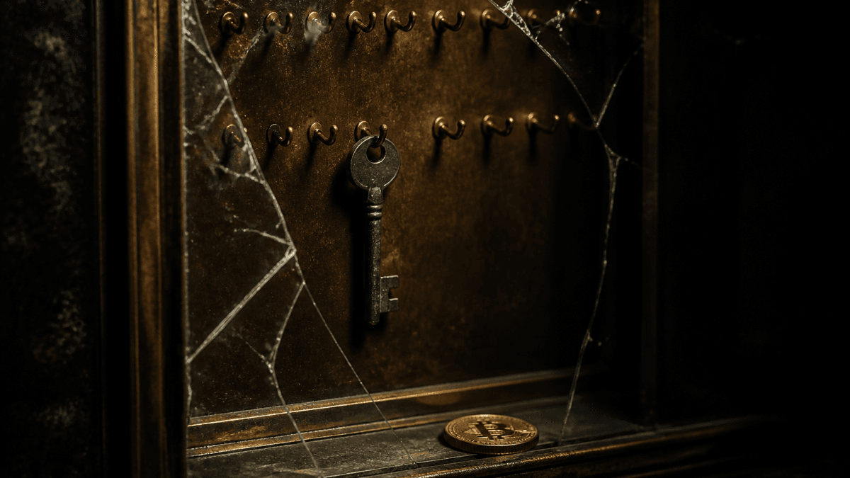 Brass key board behind cracked glass with a single remaining spare key, a coin with a Bitcoin stamp beneath it