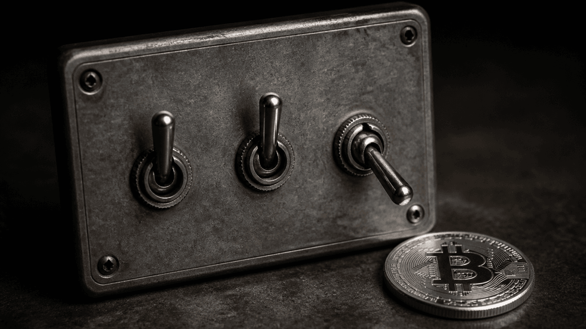 Metallpaneel mit drei Kippschaltern, zwei oben, einer unten, daneben eine Silbermünze mit Bitcoin-Zeichen