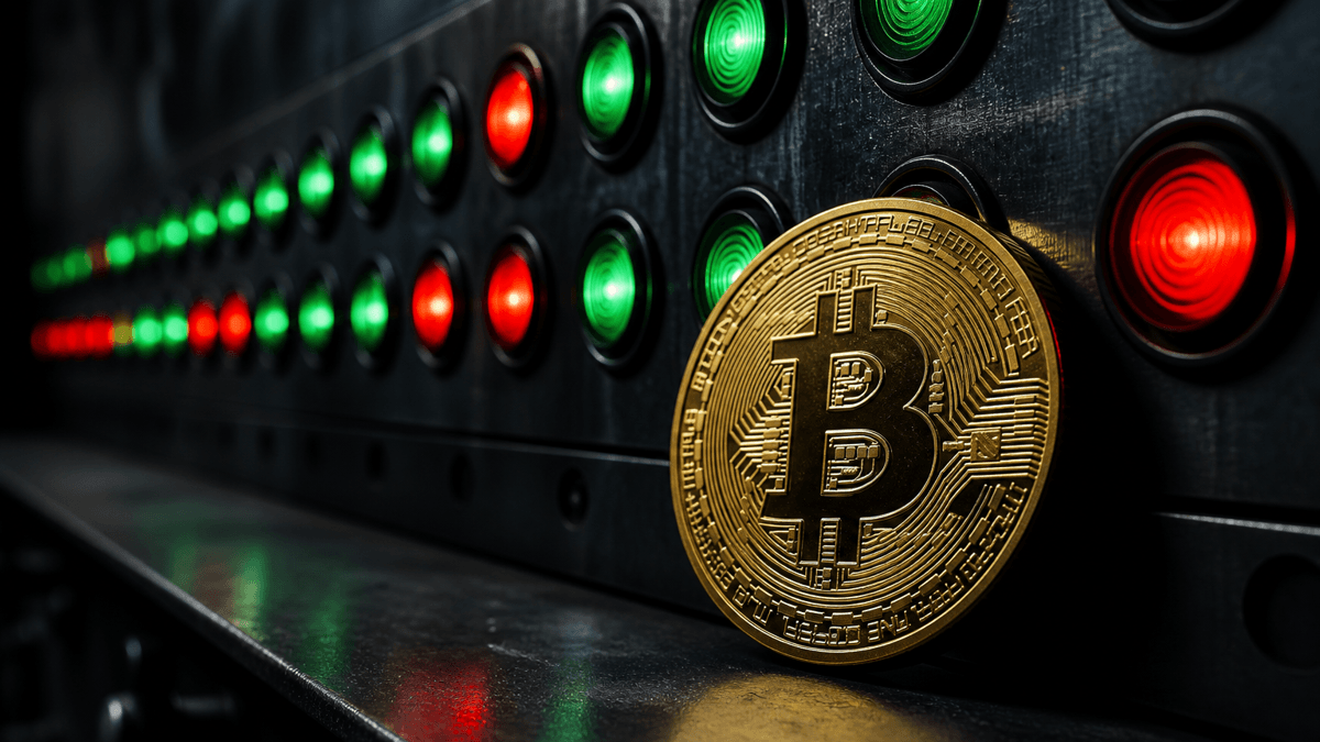 Industrielle Schalttafel mit einer Reihe Kontrollleuchten, mehrere davon rot, im Vordergrund eine Bitcoin-Münze