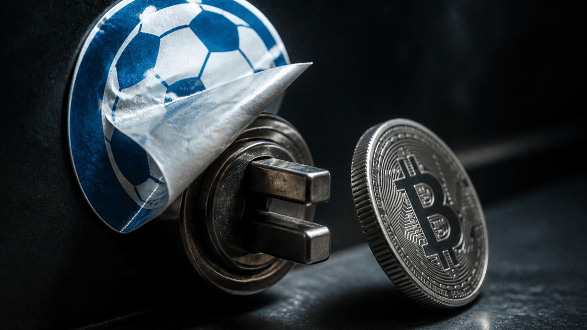 Ein Aufkleber mit Ballmotiv löst sich von einer Wand ab und gibt darunter einen schweren Metallstecker frei, daneben steht eine Münze mit eingeprägtem Bitcoin-Zeichen auf der Kante