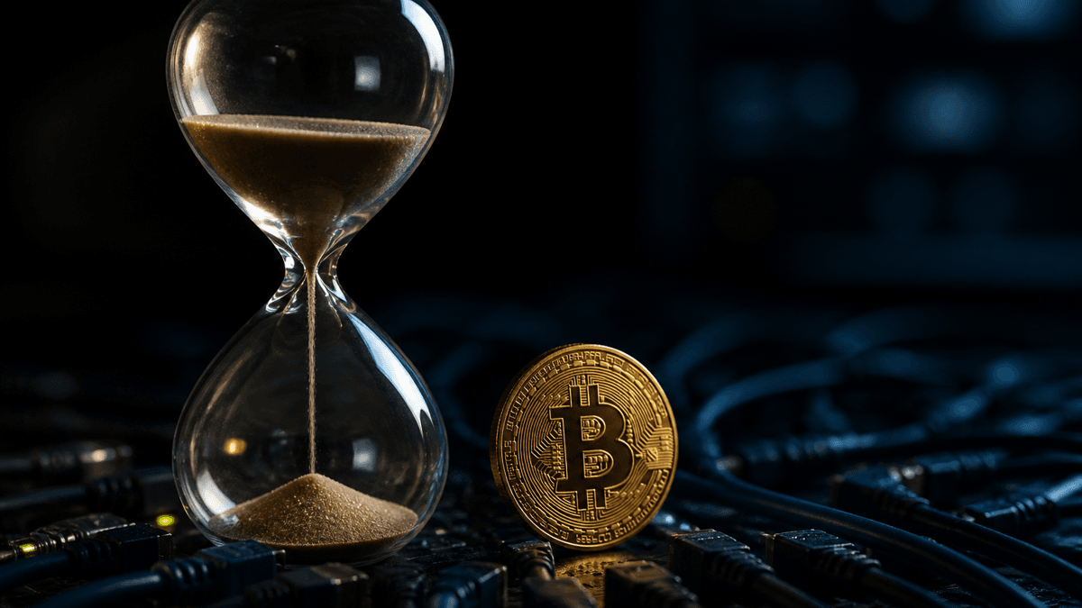 Glassanduhr mit fast durchgelaufenem Sand auf einem dunklen Rangierfeld voller Netzwerkkabel, daneben eine aufrecht stehende Münze mit Bitcoin-Zeichen