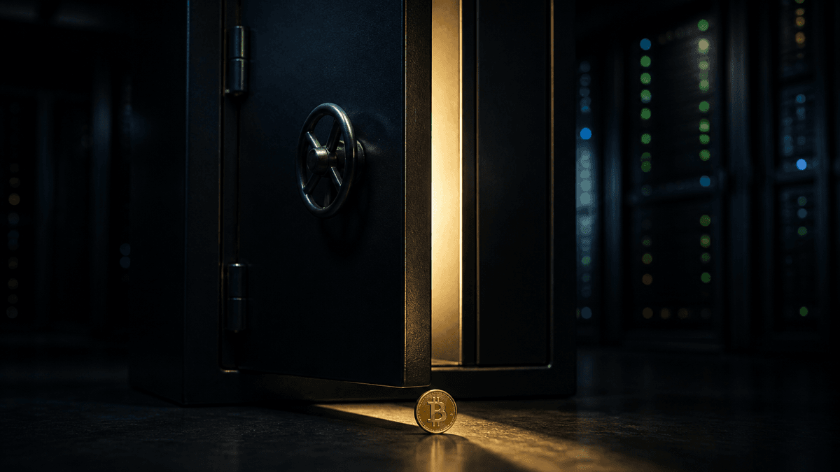 Massive Stahlschranktür in einem dunklen Serverraum, die einen handbreiten Spalt offen steht, ein Lichtstreifen fällt auf den Boden, davor eine Münze mit Bitcoin-Zeichen
