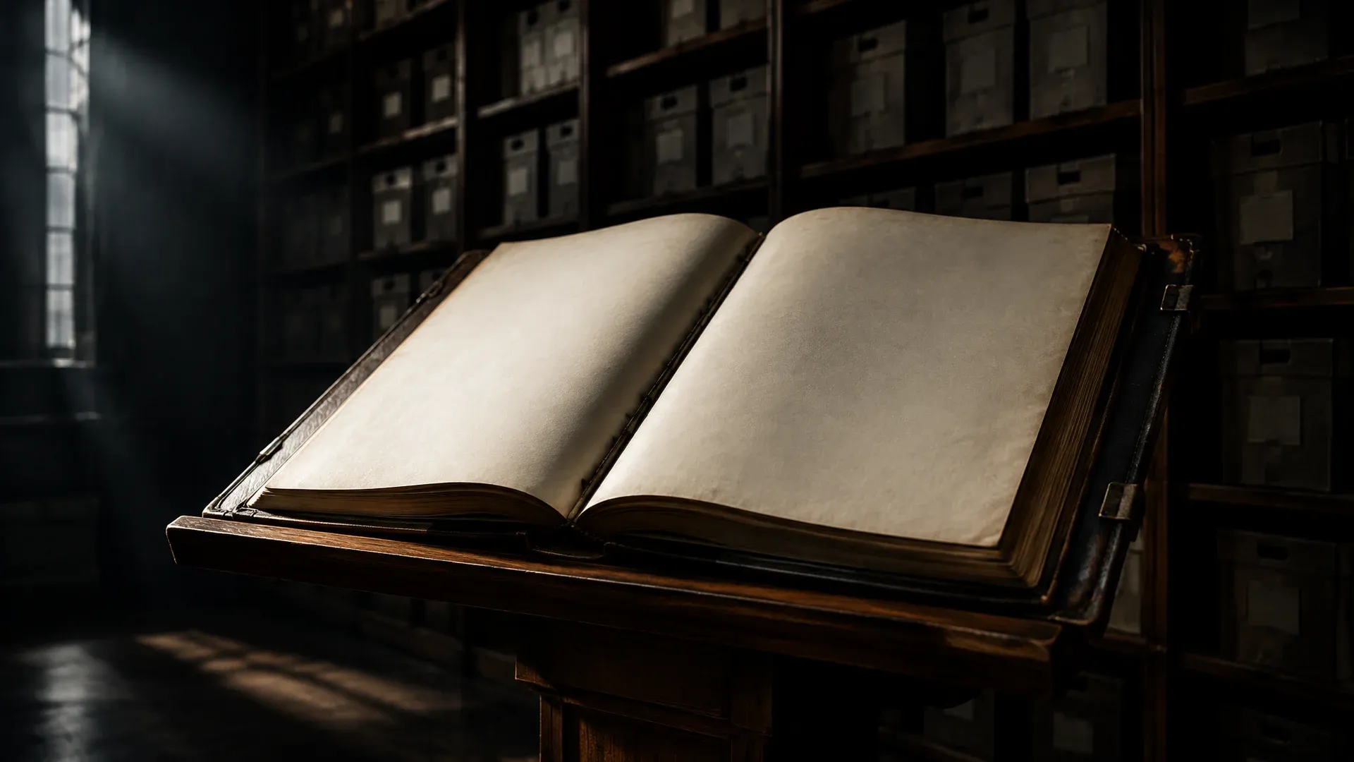 Aufgeschlagenes grossformatiges Registerbuch mit leeren Seiten auf einem Stehpult in einem dunklen Archivraum