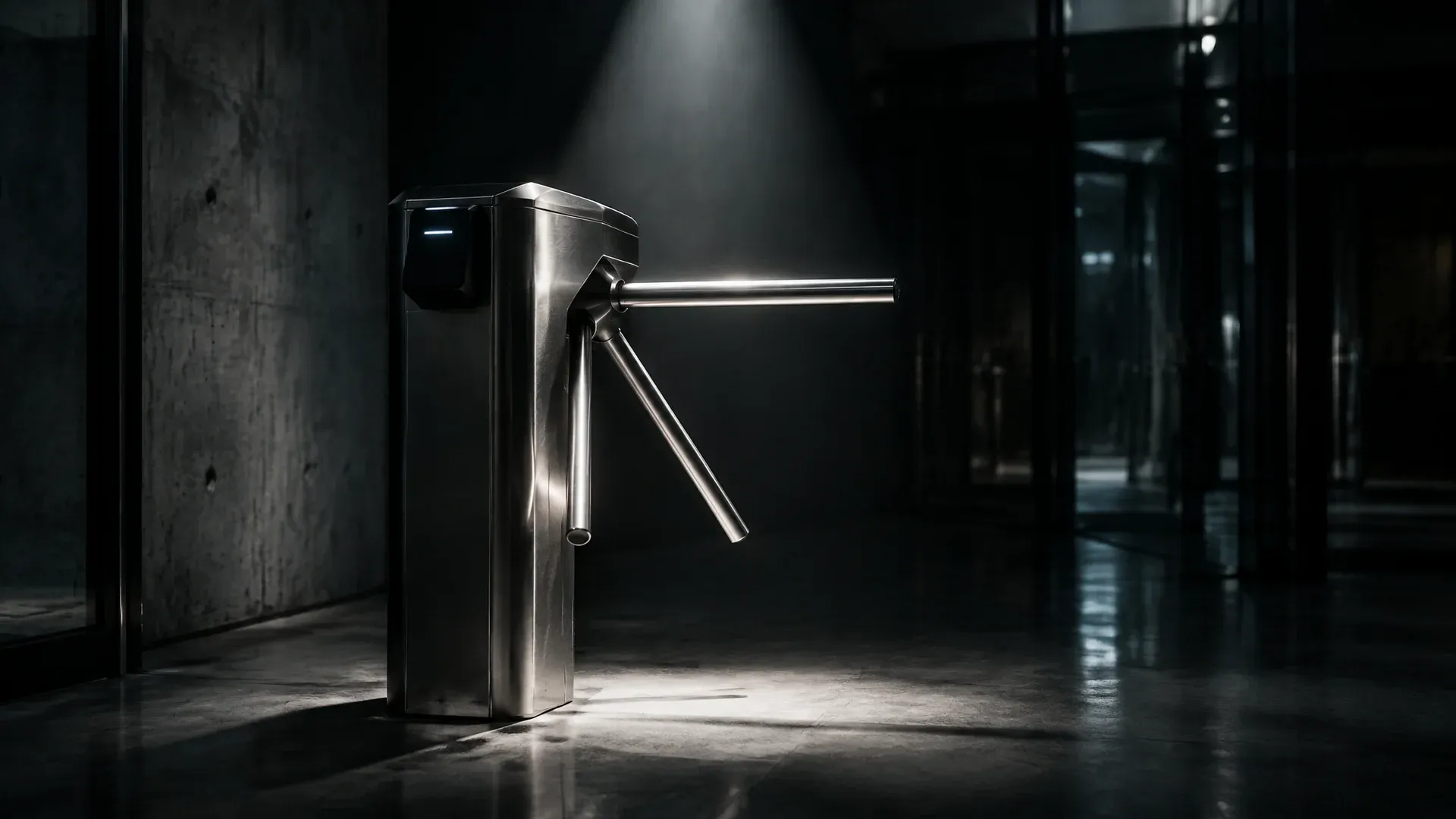 Edelstahl-Drehkreuz mit Kartenleser in einem abgedunkelten Eingangsbereich aus Sichtbeton und Glas