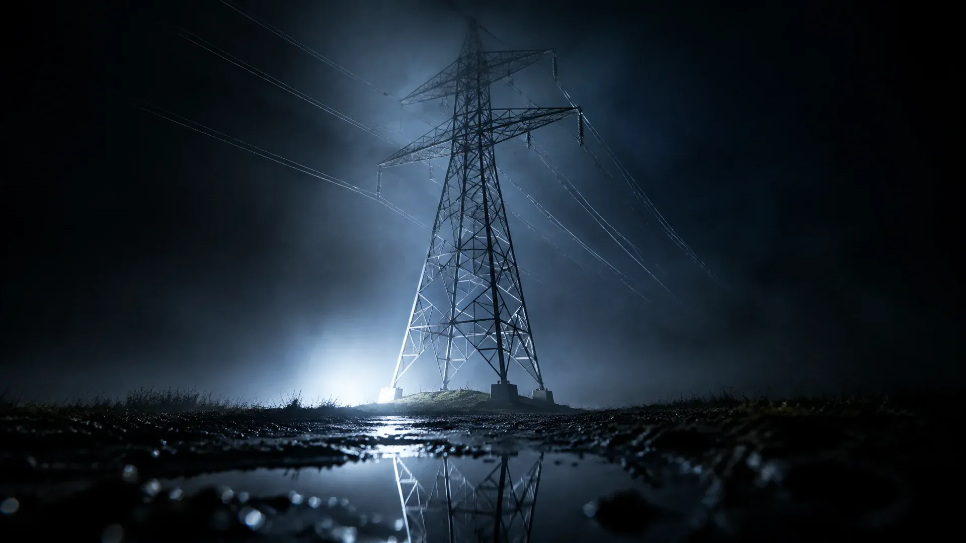 Einzelner Hochspannungsmast aus Stahlgitter im Nachtnebel, von unten kalt angestrahlt, die Leitungen verlieren sich im Dunkeln