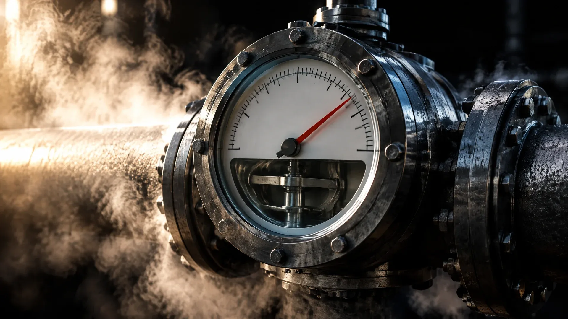 Grand débitmètre industriel à cadran sans chiffres sur un épais tuyau d'acier, la vapeur effleure le métal