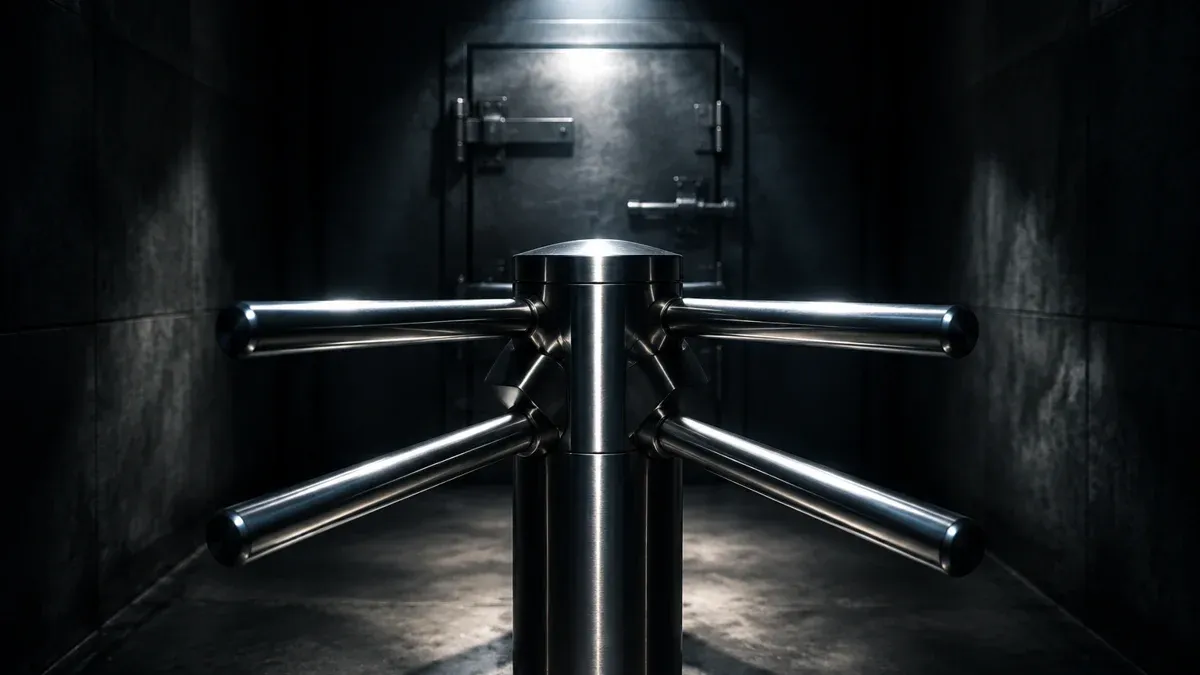 Chrome-plated four-arm steel turnstile in a dark control corridor in front of a bolted steel door