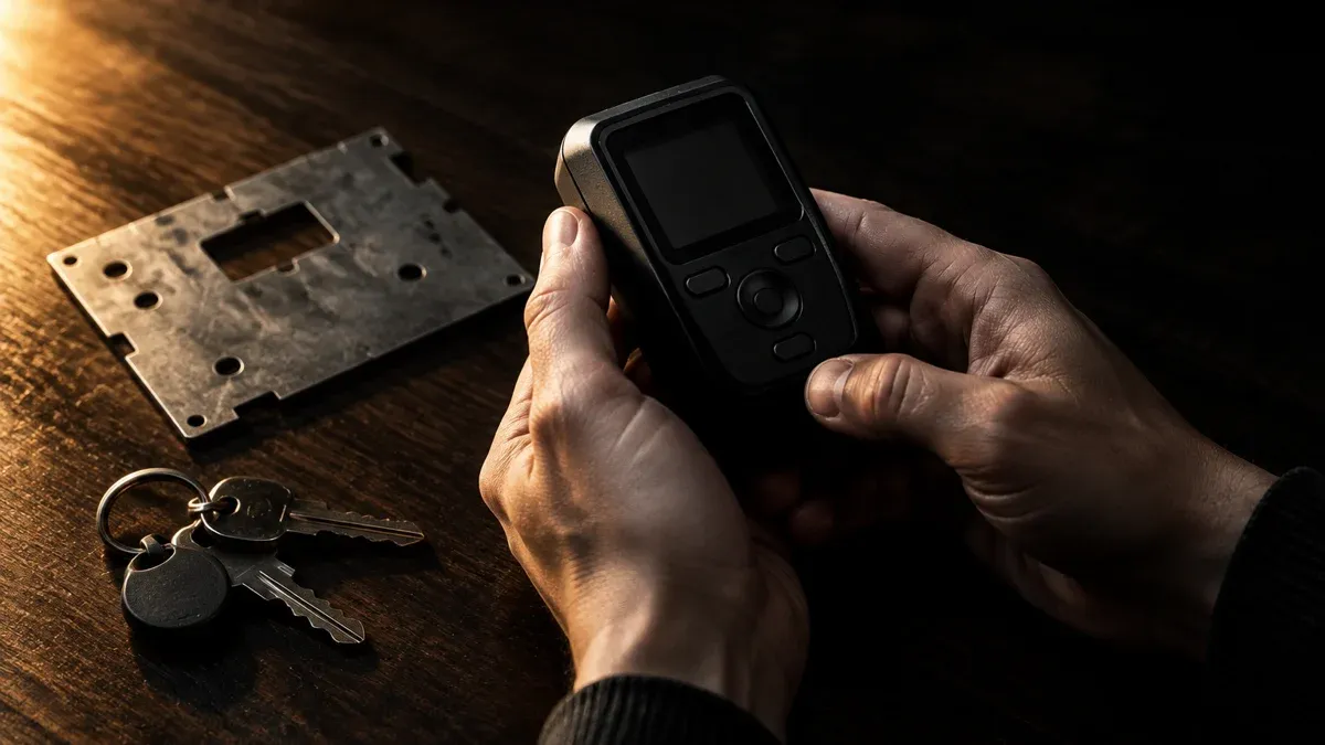 Two hands holding an unbranded black pocket device with a dark display beside a stamped metal plate and a keyring