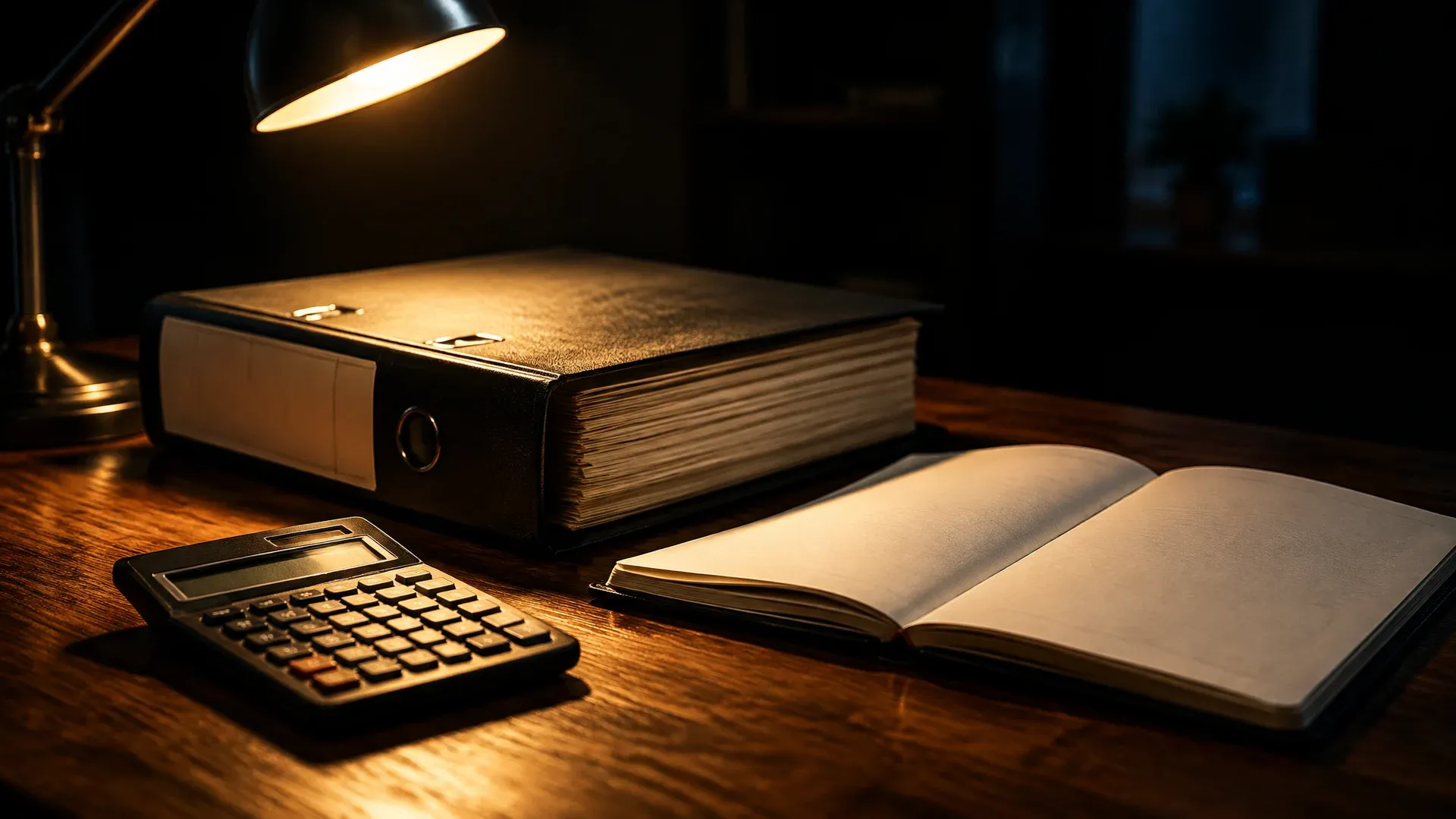 Aktenordner und Taschenrechner auf einem Holztisch unter einer Schreibtischlampe, daneben ein leeres Notizbuch
