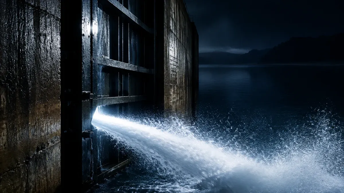 Schleusentor bei Nacht, hinter dem ein weites stilles Staubecken liegt, während durch einen schmalen Spalt ein gebündelter Wasserstrahl schießt