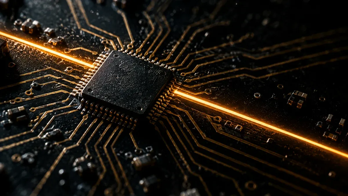 Makroaufnahme eines Mikrochips auf dunkler Platine, eine einzelne goldene Leiterbahn glüht quer durch das Bild