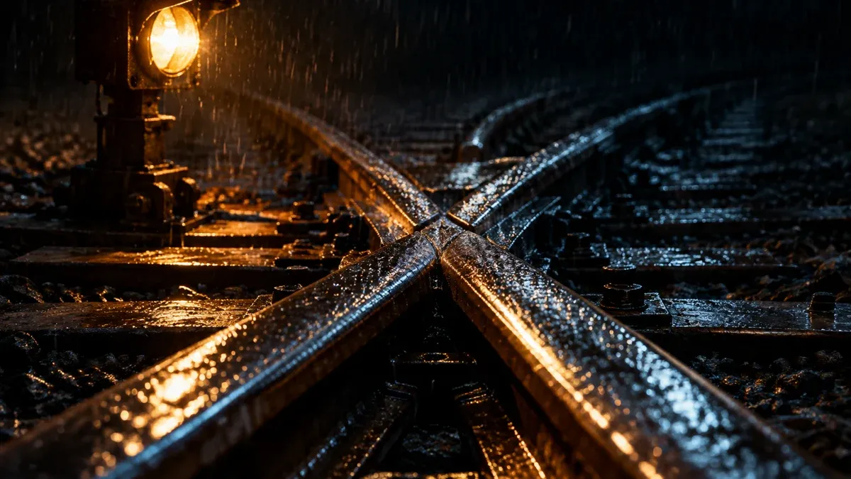 Nahaufnahme einer Gleisweiche bei Nacht im Regen, zwei schwere Stahlschienen kreuzen sich in der Bildmitte, eine Signallaterne beleuchtet den Kreuzungspunkt