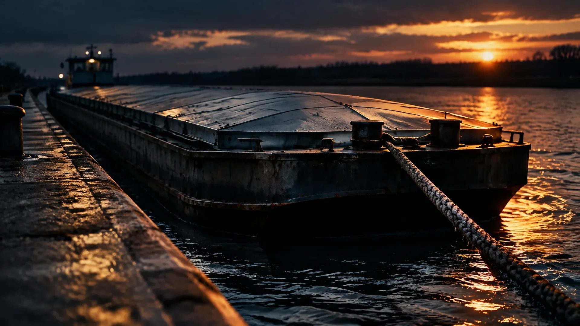 Flacher Flussfrachtkahn mit abgedeckter Metallladung an einer Betonkaimauer in der Dämmerung, strammes Schlepptau im Wasser