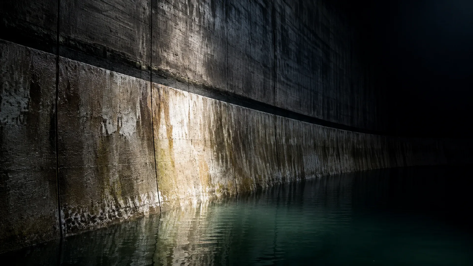 Betonwand einer Talsperre von innen, der Wasserspiegel steht tief unter einer waagerechten dunklen Hochwasserlinie