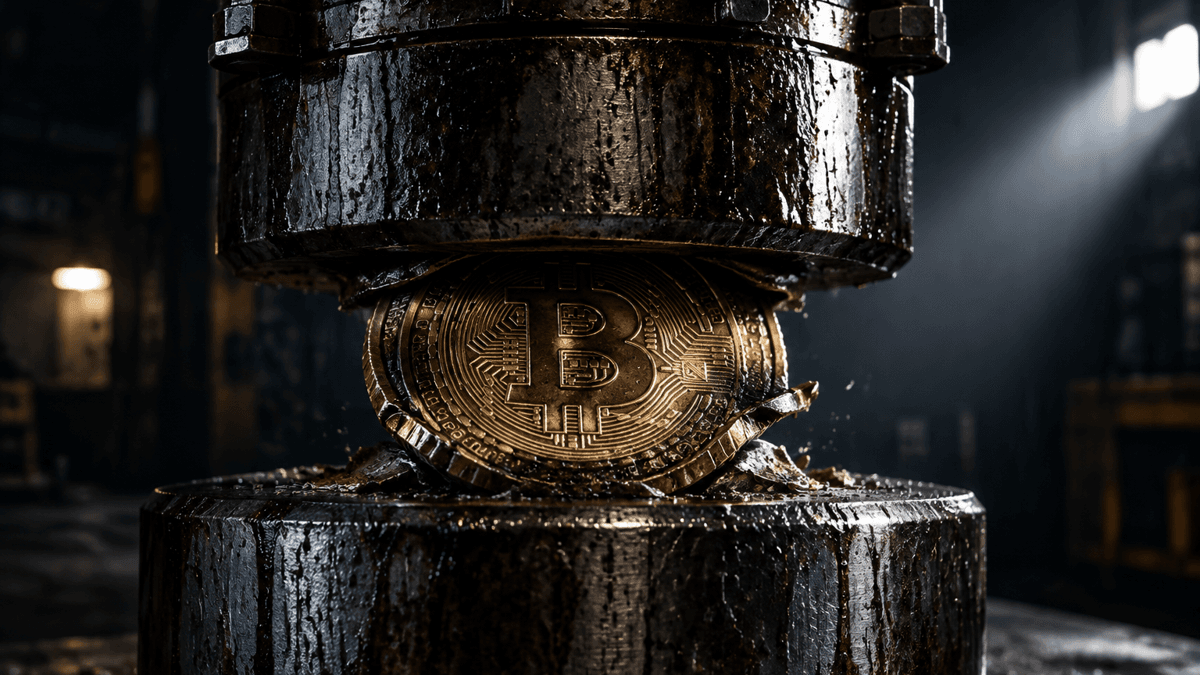 Industrial steel press closing on a thick metal coin whose rim deforms under the pressure